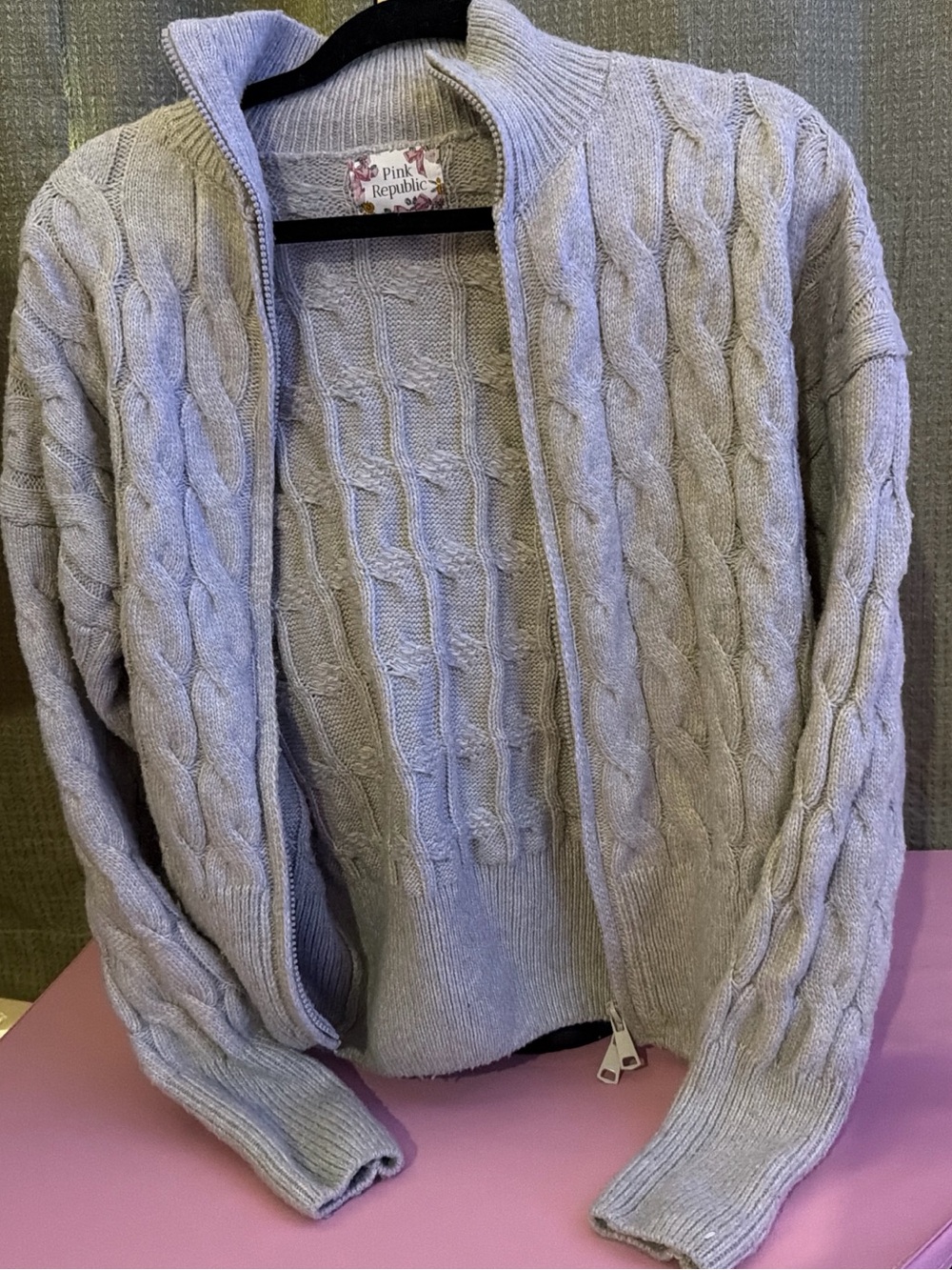 Pink Republic Light Gray Cable Knit Zip Cardigan